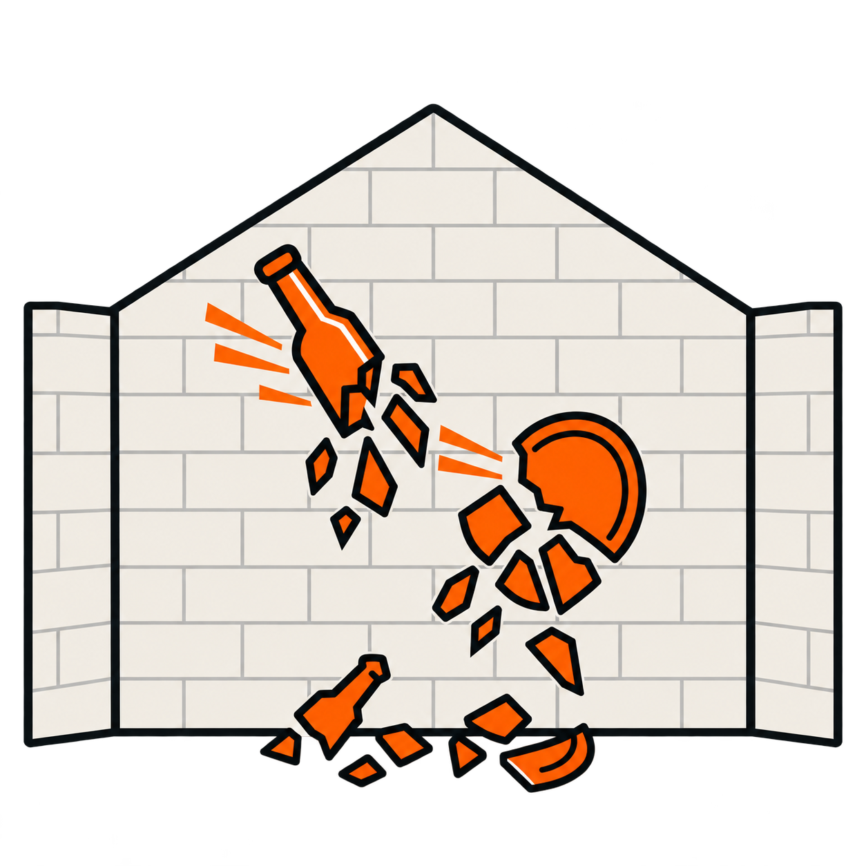 Bottles and plates breaking against an intact white gable end wall